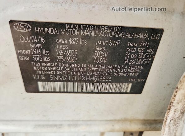 5NMZT3LBXHH019826 2017 HYUNDAI SANTA White 360 interior view