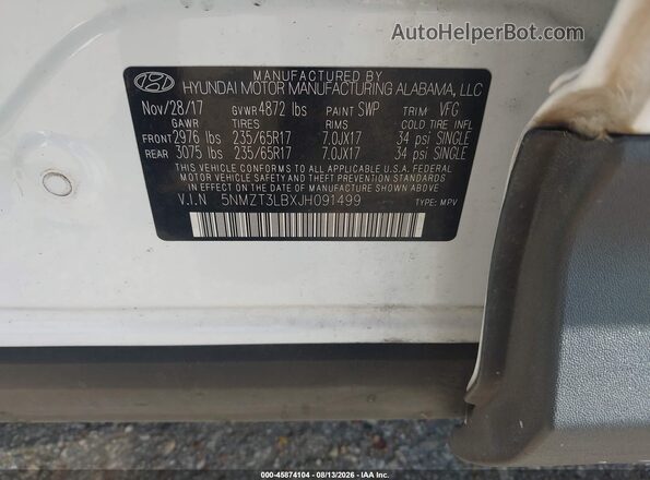 5NMZT3LBXJH091499 2018 HYUNDAI SANTA FE SPORT White Вид підкапотного простору