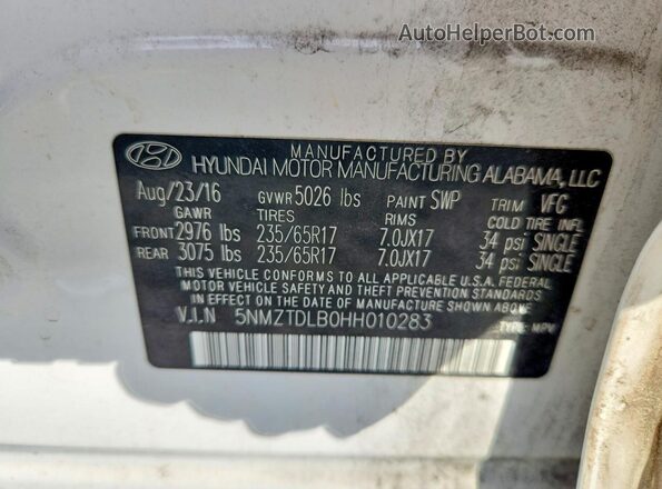 5NMZTDLB0HH010283 2017 HYUNDAI SANTA White VIN sticker view
