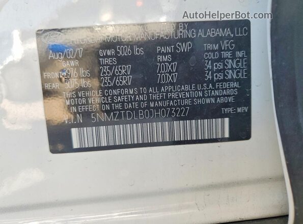 5NMZTDLB0JH073227 2018 HYUNDAI SANTA White Вид підкапотного простору