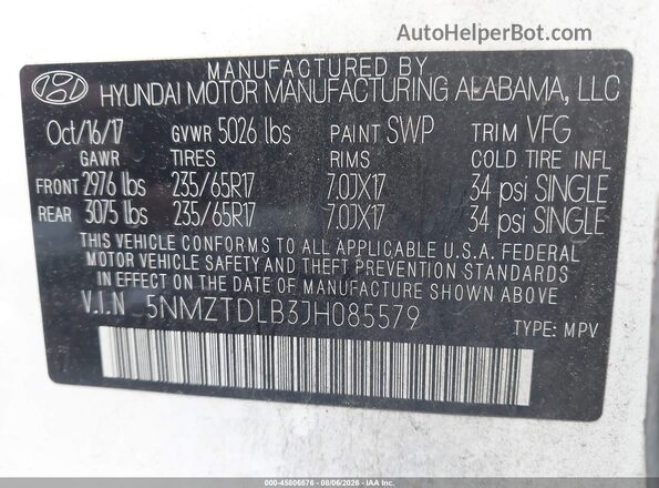5NMZTDLB3JH085579 2018 HYUNDAI SANTA FE SPORT White Engine compartment view