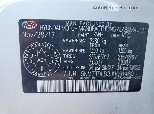 5NMZTDLB3JH091480 2018 HYUNDAI SANTA White 