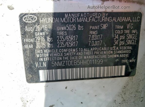 5NMZTDLB5HH011199 2017 HYUNDAI SANTA White Widok naklejki z numerem VIN