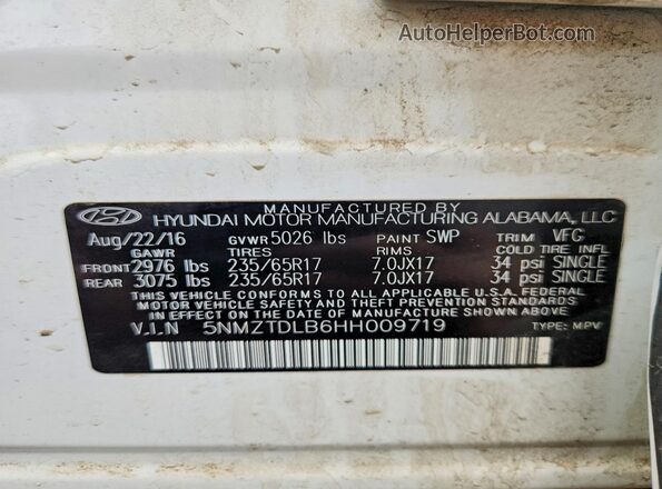 5NMZTDLB6HH009719 2017 HYUNDAI SANTA White Vista de la etiqueta del VIN