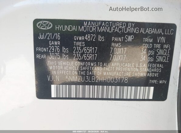 5NMZU3LB2HH003178 2017 HYUNDAI SANTA FE SPORT White Vista del compartimento del motor