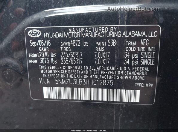 5NMZU3LB3HH012875 2017 HYUNDAI SANTA FE SPORT Черный Вид подкапотного пространства