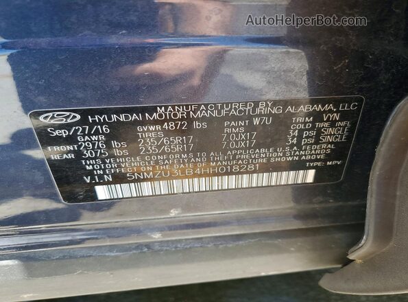 5NMZU3LB4HH018281 2017 HYUNDAI SANTA Blue Widok naklejki z numerem VIN