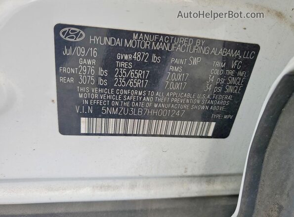 5NMZU3LB7HH001247 2017 HYUNDAI SANTA White Vista de la etiqueta del VIN