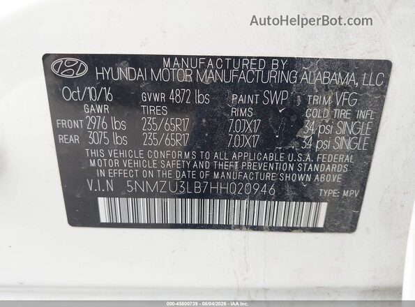5NMZU3LB7HH020946 2017 HYUNDAI SANTA FE SPORT Белый Вид подкапотного пространства