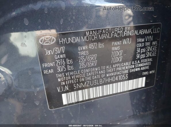 5NMZU3LB7HH041053 2017 HYUNDAI SANTA FE SPORT Blue ძრავის განყოფილების ხედი