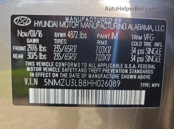 5NMZU3LB8HH026089 2017 HYUNDAI SANTA Gray Vista interior de 360 grados