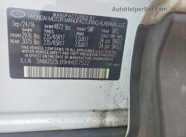 5NMZU3LB9HH017532 2017 HYUNDAI SANTA White Vista de la etiqueta del VIN