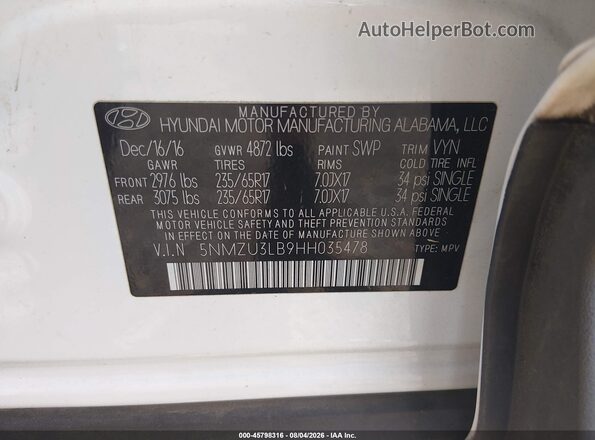 5NMZU3LB9HH035478 2017 HYUNDAI SANTA FE SPORT White Vista del compartimento del motor