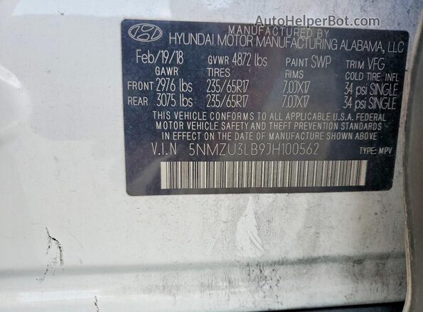 5NMZU3LB9JH100562 2018 HYUNDAI SANTA White VIN sticker view