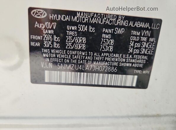 5NMZU4LA7JH072886 2018 HYUNDAI SANTA White Widok naklejki z numerem VIN