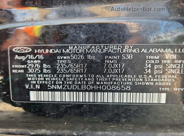 5NMZUDLB0HH008658 2017 HYUNDAI SANTA Black Widok naklejki z numerem VIN
