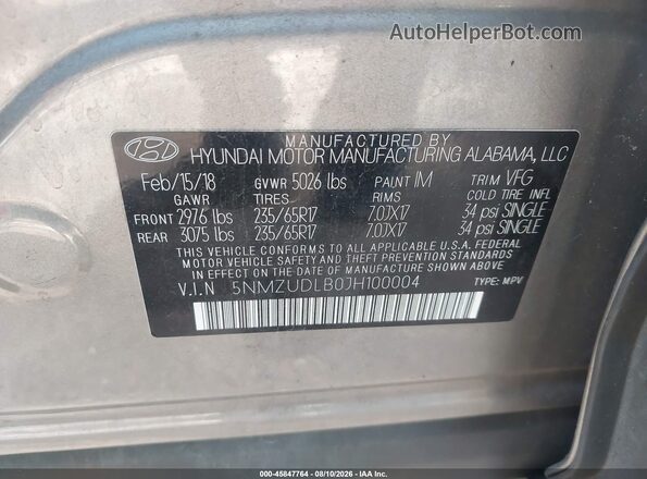5NMZUDLB0JH100004 2018 HYUNDAI SANTA FE SPORT Gray ძრავის განყოფილების ხედი