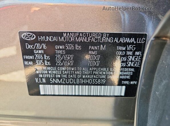 5NMZUDLB1HH035819 2017 HYUNDAI SANTA Beige Widok naklejki z numerem VIN