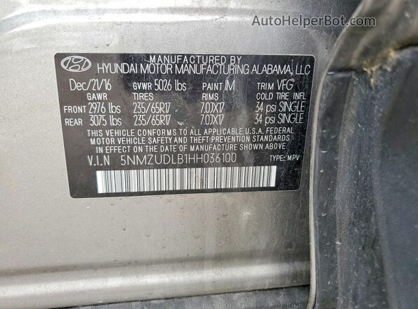 5NMZUDLB1HH036100 2017 HYUNDAI SANTA Gray 360 interior view