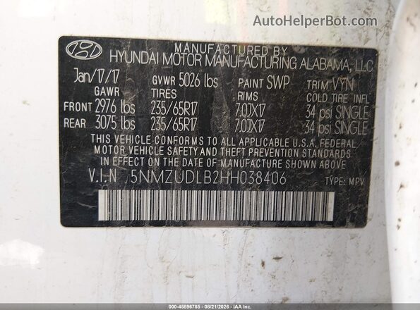 5NMZUDLB2HH038406 2017 HYUNDAI SANTA FE SPORT Белый Вид подкапотного пространства