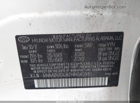 5NMZUDLB2HH040981 2017 HYUNDAI SANTA FE SPORT White Շարժիչի բաժամունքի տեսք