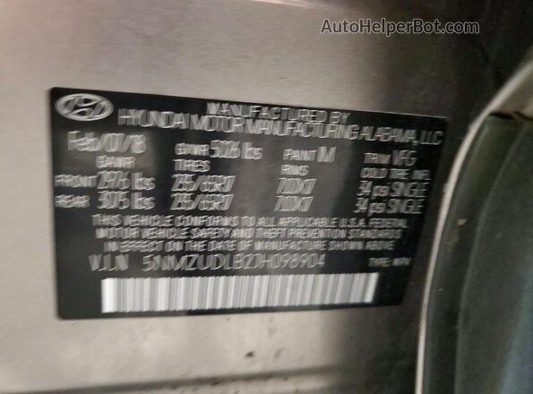 5NMZUDLB2JH098904 2018 HYUNDAI SANTA Gray Widok naklejki z numerem VIN