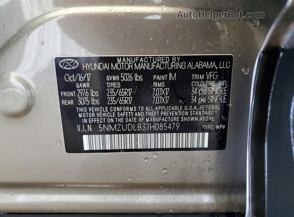 5NMZUDLB3JH085479 2018 HYUNDAI SANTA Gray VIN կոդի պիտակի տեսք