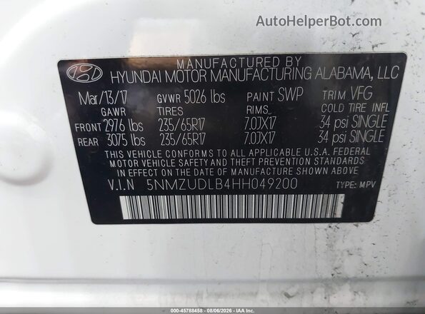 5NMZUDLB4HH049200 2017 HYUNDAI SANTA FE SPORT AUTOM White Vista del compartimento del motor