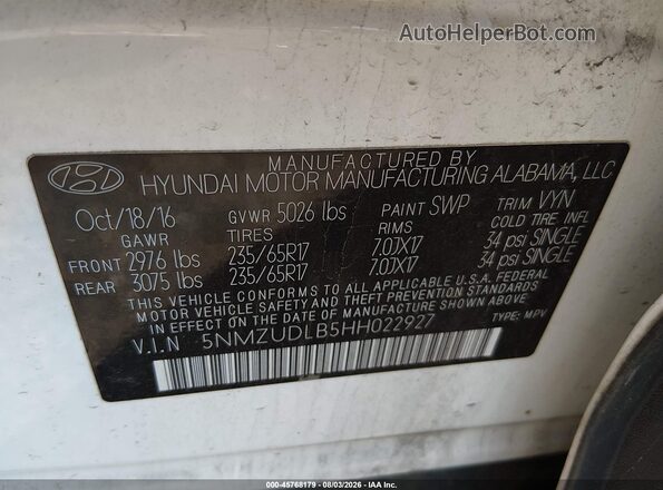 5NMZUDLB5HH022927 2017 HYUNDAI SANTA FE SPORT White Vista del compartimento del motor