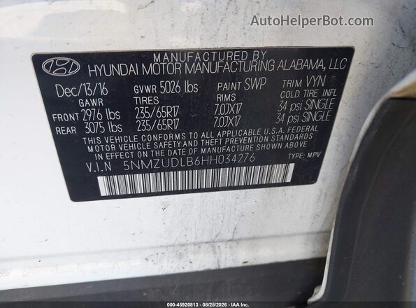 5NMZUDLB6HH034276 2017 HYUNDAI SANTA FE SPORT White Engine compartment view