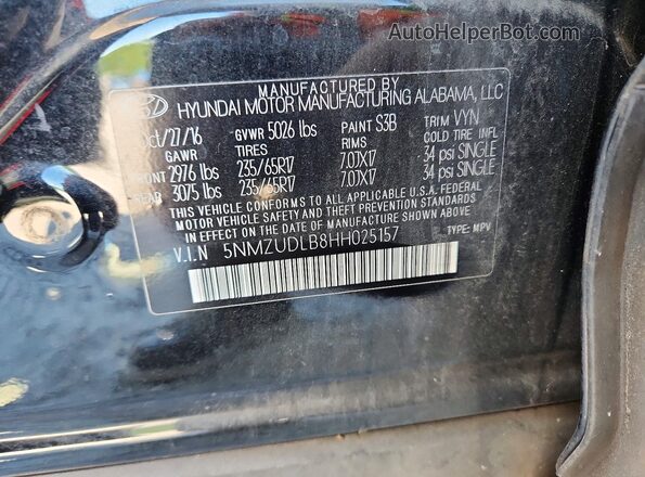 5NMZUDLB8HH025157 2017 HYUNDAI SANTA Black Вид наклейки з VIN-кодом