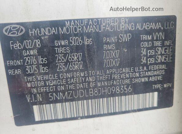 5NMZUDLB8JH098356 2018 HYUNDAI SANTA White VIN sticker view