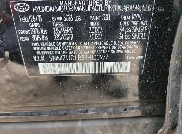 5NMZUDLB8JH100977 2018 HYUNDAI SANTA Black Widok naklejki z numerem VIN