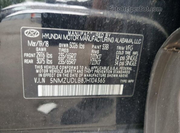5NMZUDLB8JH104365 2018 HYUNDAI SANTA Black Widok komory silnika