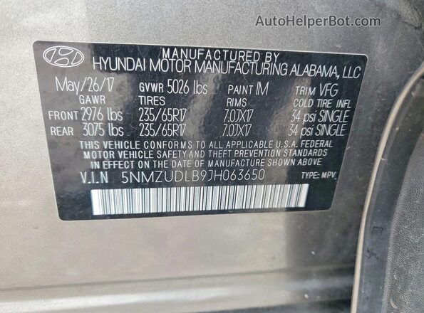 5NMZUDLB9JH063650 2018 HYUNDAI SANTA Gray Vista interior de 360 grados