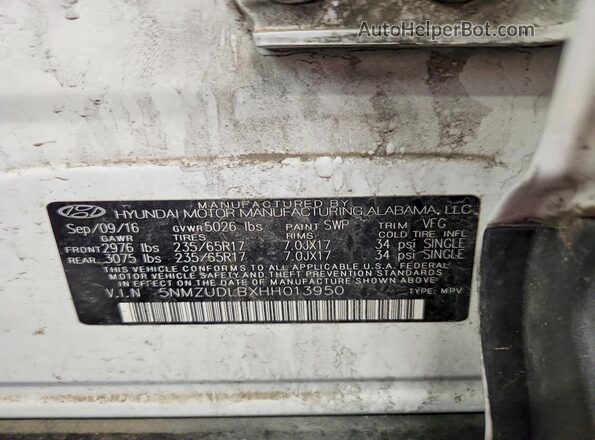 5NMZUDLBXHH013950 2017 HYUNDAI SANTA White Панорамний вид салону 360°