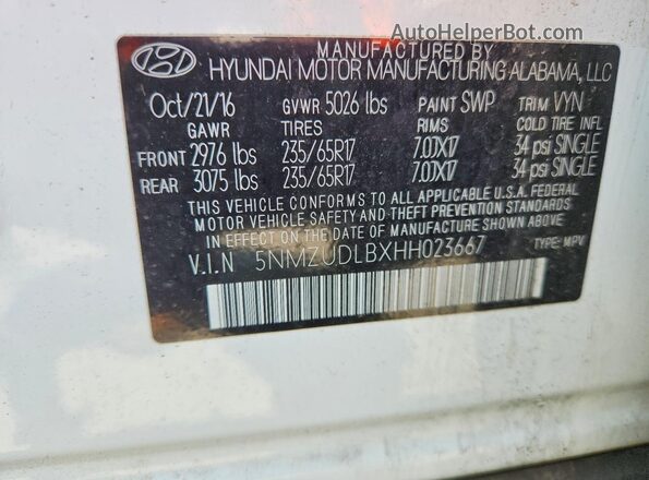 5NMZUDLBXHH023667 2017 HYUNDAI SANTA White VIN კოდის სტიკერის ხედი