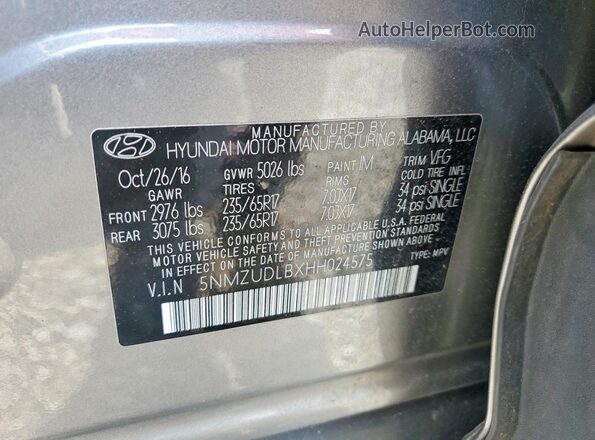 5NMZUDLBXHH024575 2017 HYUNDAI SANTA Gray VIN კოდის სტიკერის ხედი