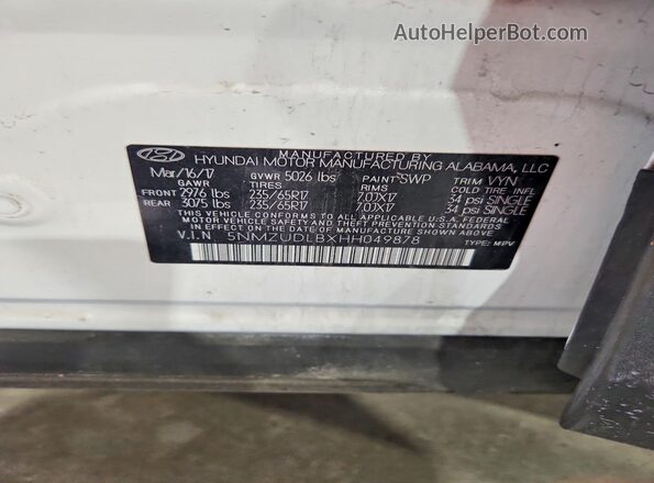 5NMZUDLBXHH049878 2017 HYUNDAI SANTA White VIN կոդի պիտակի տեսք