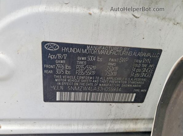 5NMZW4LA3JH055934 2018 HYUNDAI SANTA Белый Вид наклейки с VIN-кодом