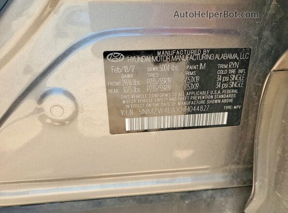 5NMZW4LAXHH044827 2017 HYUNDAI SANTA Silver Widok naklejki z numerem VIN