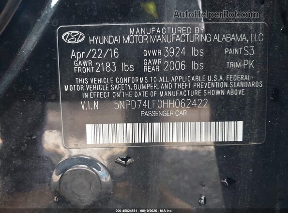 5NPD74LF0HH062422 2017 HYUNDAI ELANTRA Black Engine compartment view