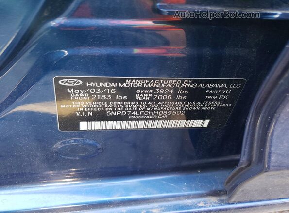 5NPD74LF0HH069502 2017 HYUNDAI ELANTRA Blue Vista del compartimento del motor