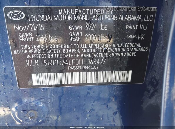 5NPD74LF0HH163427 2017 HYUNDAI ELANTRA Синий Вид подкапотного пространства