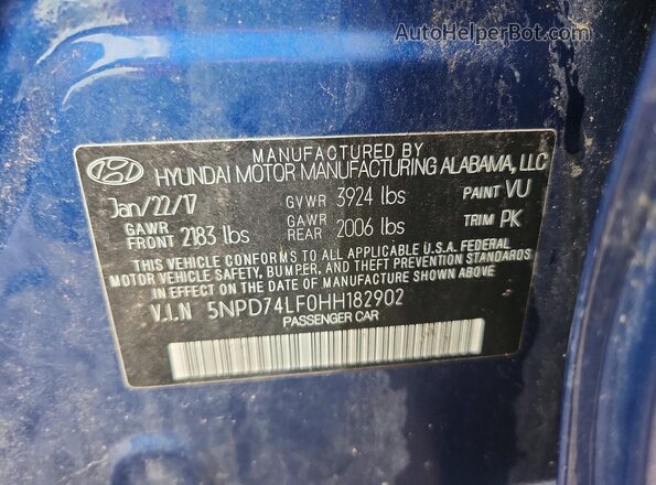 5NPD74LF0HH182902 2017 HYUNDAI ELANTRA Blue Vista del compartimento del motor
