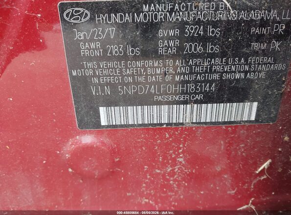 5NPD74LF0HH183144 2017 HYUNDAI ELANTRA Red Engine compartment view