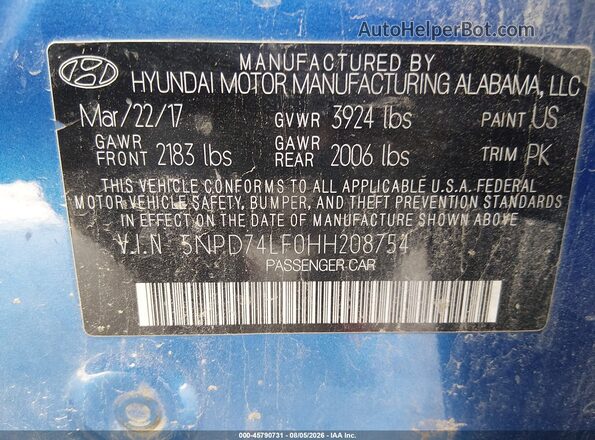 5NPD74LF0HH208754 2017 HYUNDAI ELANTRA Blue Շարժիչի բաժամունքի տեսք