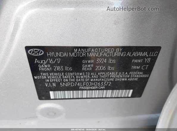 5NPD74LF0JH263372 2018 HYUNDAI ELANTRA Silver Vista del compartimento del motor