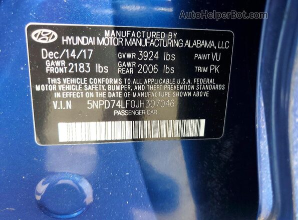 5NPD74LF0JH307046 2018 HYUNDAI ELANTRA Blue Widok komory silnika