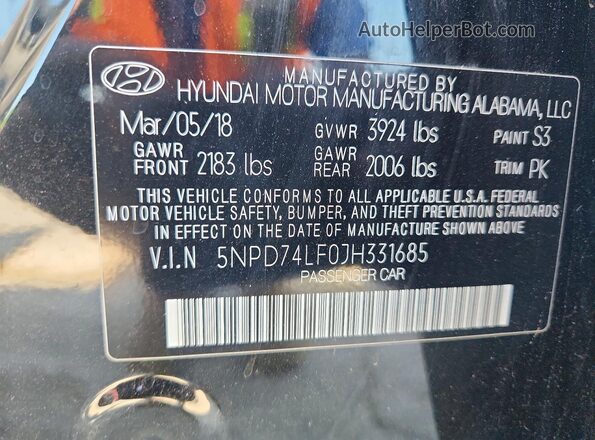 5NPD74LF0JH331685 2018 HYUNDAI ELANTRA Black Vista del compartimento del motor